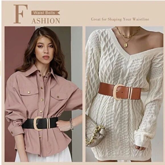 Women Wide Elastic Waist Belt for Dresses Fashion Gold Buckle Stretchy Leather - Picture 5 of 7